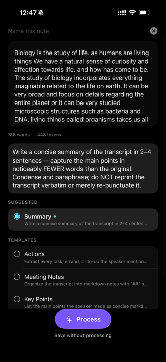 Quiet Pilot's prompt picker: Clean Transcript, Summary, Meeting Notes and Journal Entry templates, plus a field for writing your own